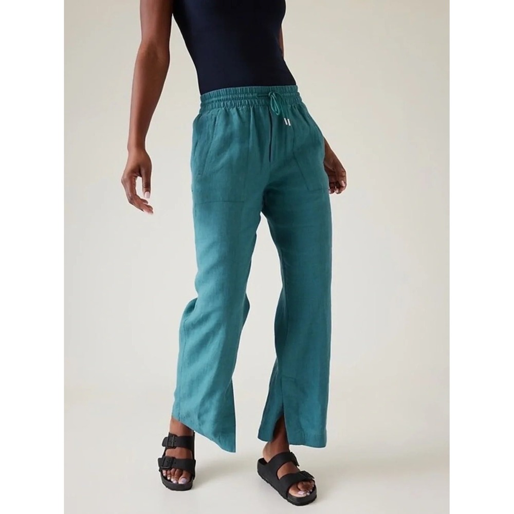 Athleta Retreat 100% Linen Wide Leg Pants Womens 12 Tall Teal Blue New With Tags